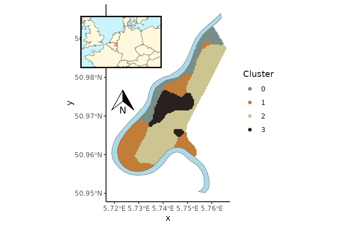 Predicted cluster distribution of heavy metal concentration levels (ppm) of four metals in the topsoil of the Meuse river floodplain, Netherlands. Colors represent the four clusters estimated in the spatial lognormal FMM.