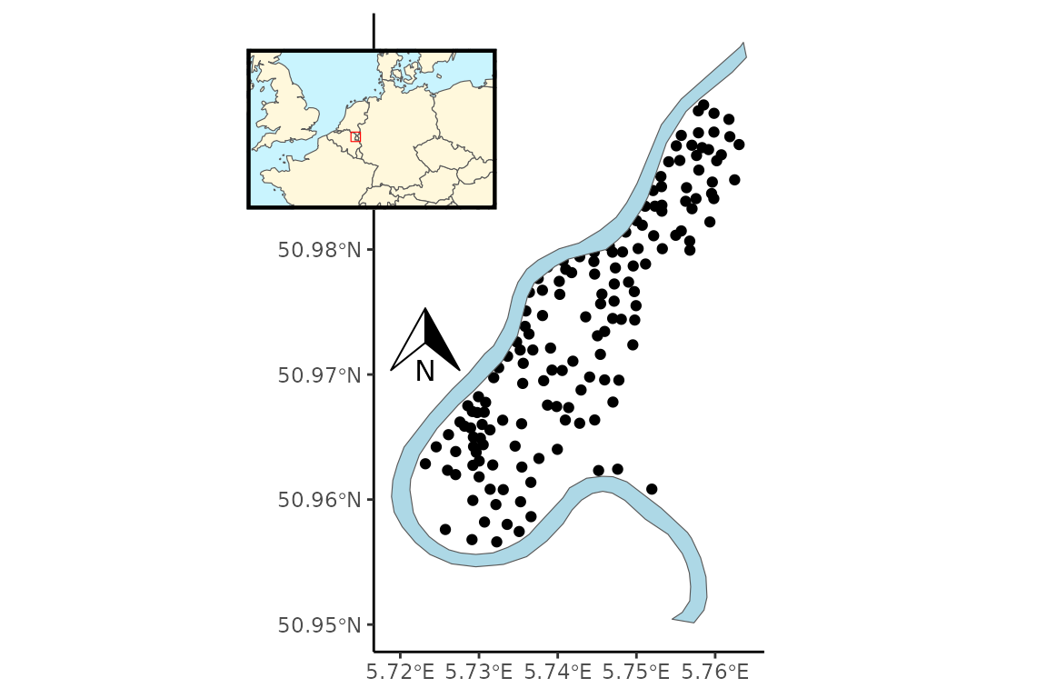 Sample locations of heavy metal concentration levels (ppm) of four metals in the topsoil of the Meuse river floodplain, Netherlands.